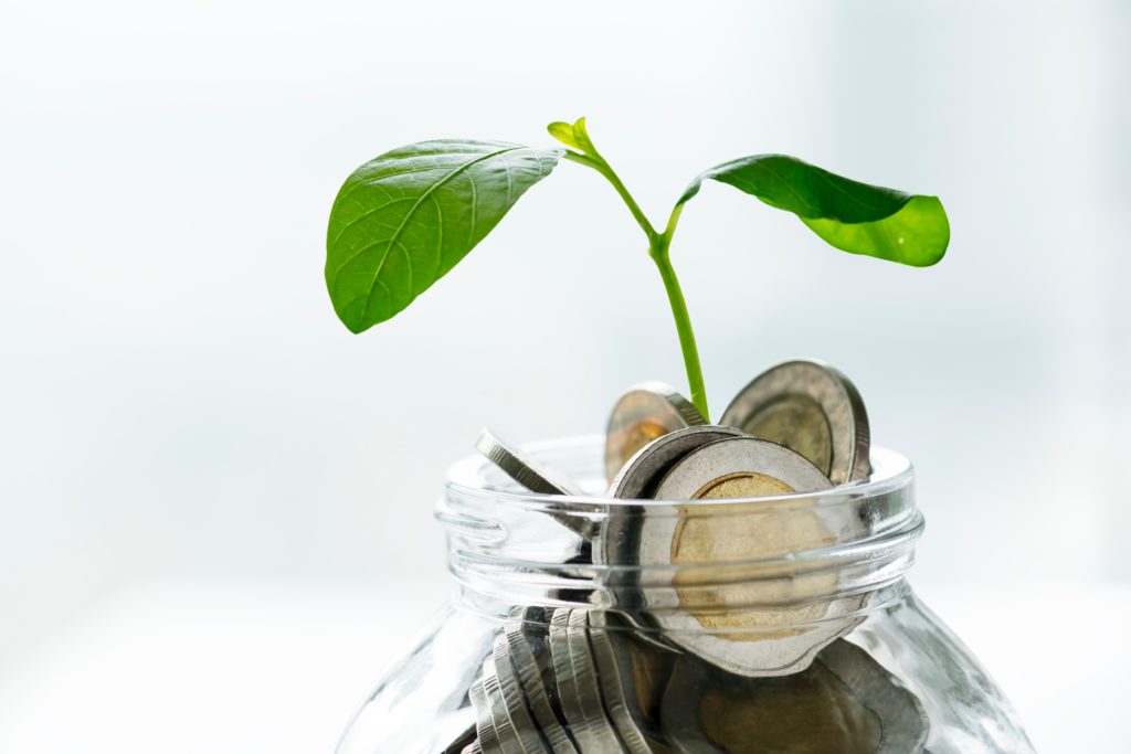 Green economy jar with money and growing plant